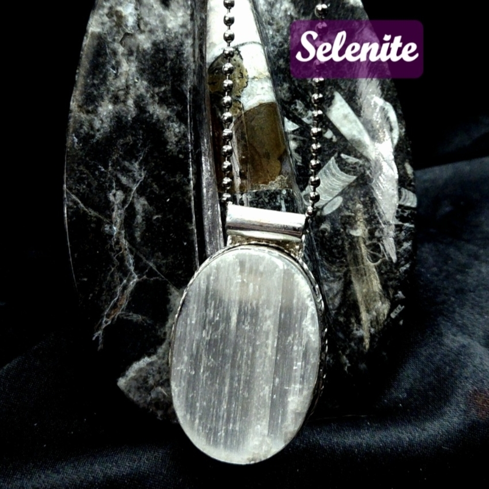 Silver Pendant Featuring A Huge, Chunky,Oval Natural Selenite Pendant/Ball Chain